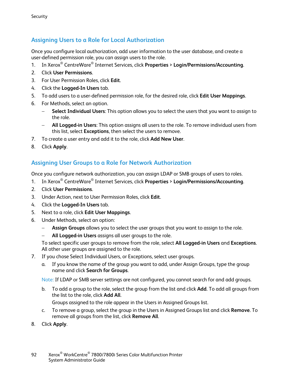 Assigning users to a role for local authorization | Xerox WorkCentre 7835ii User Manual | Page 92 / 284