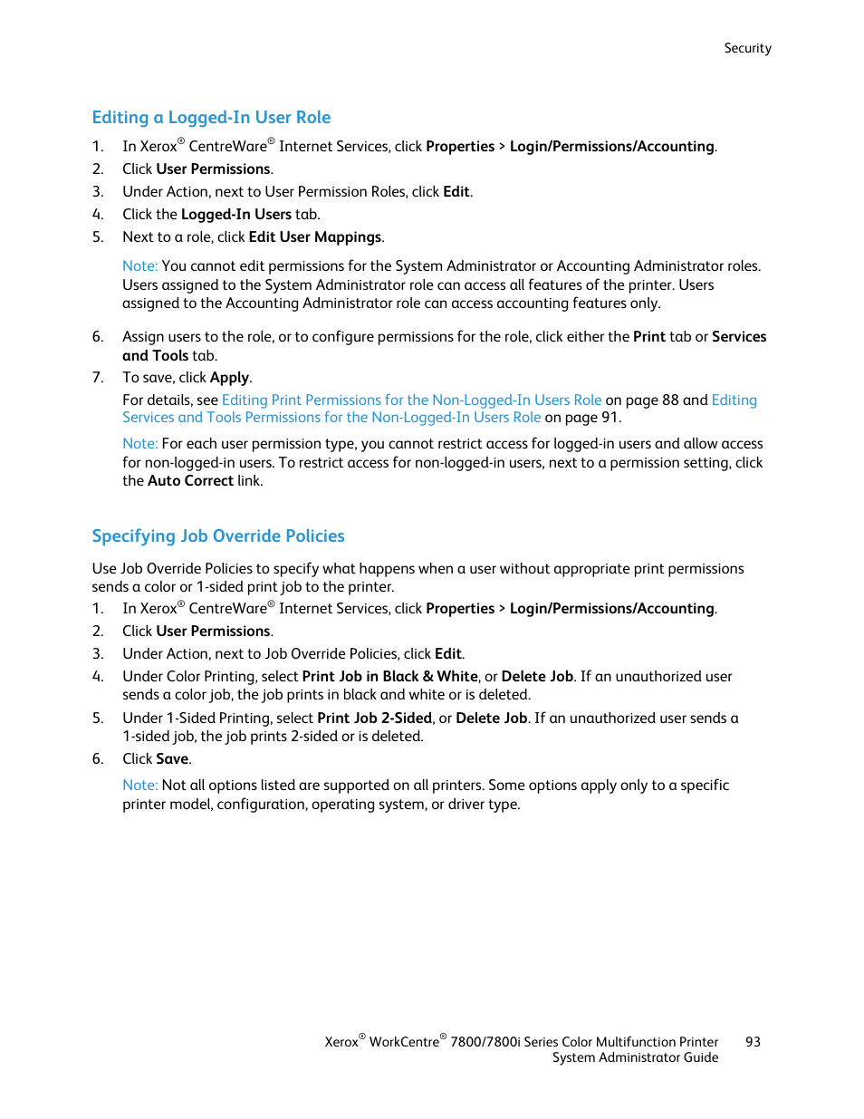 Editing a logged-in user role, Specifying job override policies | Xerox WorkCentre 7835ii User Manual | Page 93 / 284