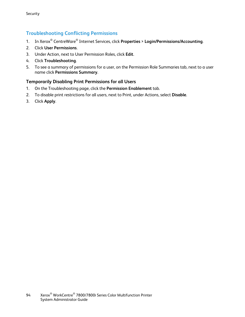 Troubleshooting conflicting permissions | Xerox WorkCentre 7835ii User Manual | Page 94 / 284