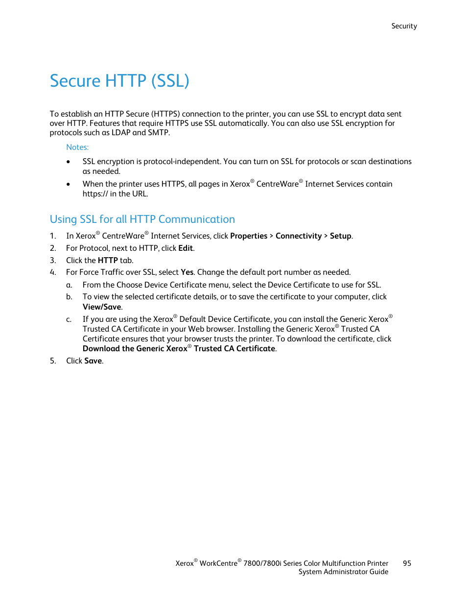 Secure http (ssl), Using ssl for all http communication | Xerox WorkCentre 7835ii User Manual | Page 95 / 284