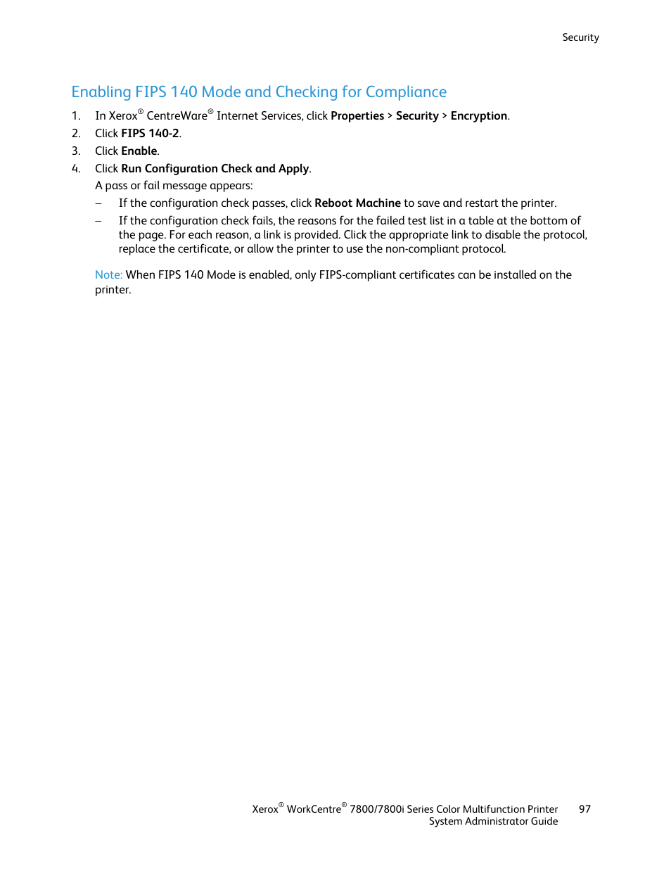 Enabling fips 140 mode and checking for compliance | Xerox WorkCentre 7835ii User Manual | Page 97 / 284