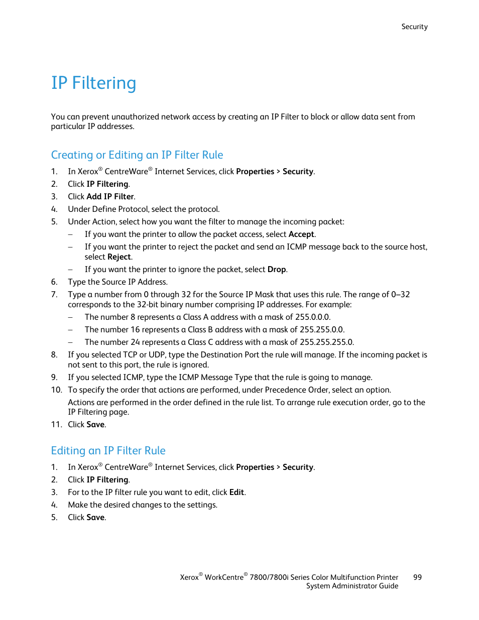 Ip filtering, Creating or editing an ip filter rule, Editing an ip filter rule | Xerox WorkCentre 7835ii User Manual | Page 99 / 284