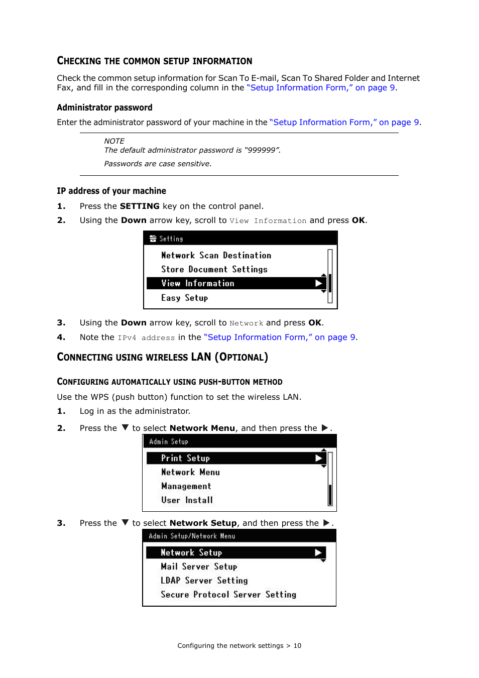 Checking the common setup information, Connecting using wireless lan (optional), Configuring automatically using push-button method | Lan (o | Oki MC363dn User Manual | Page 10 / 112