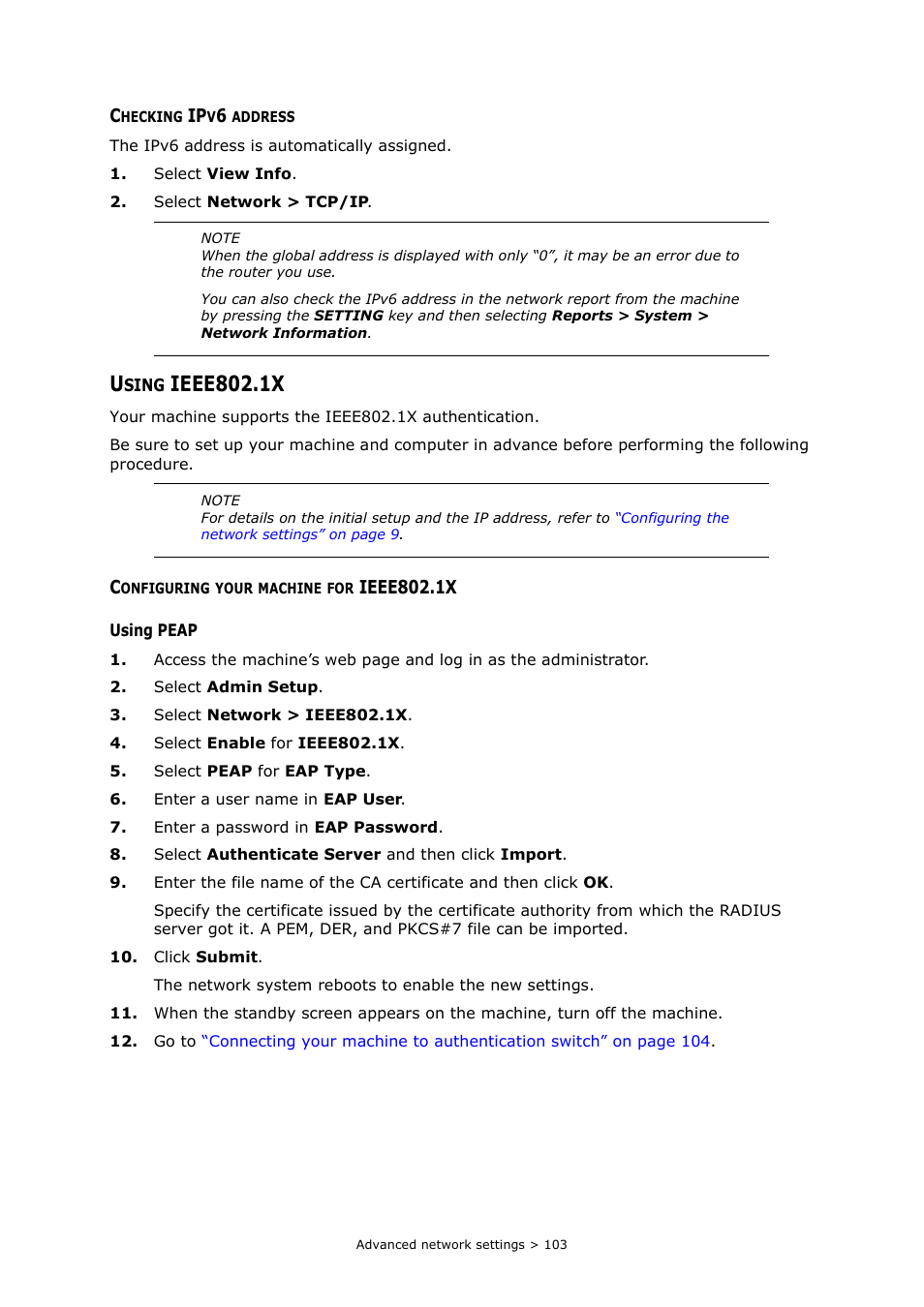 Checking ipv6 address, Using ieee802.1x, Configuring your machine for ieee802.1x | Ieee802.1x | Oki MC363dn User Manual | Page 103 / 112