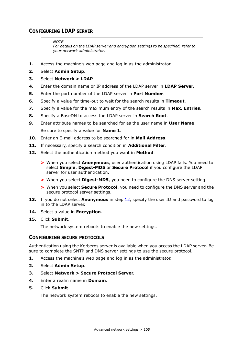 Configuring ldap server, Configuring secure protocols, Ldap | Oki MC363dn User Manual | Page 105 / 112