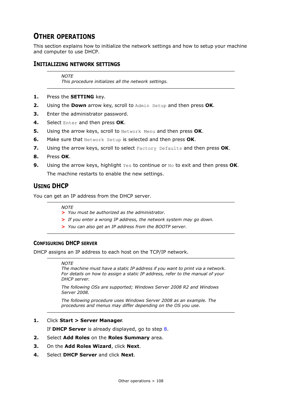 Other operations, Initializing network settings, Using dhcp | Configuring dhcp server, Dhcp, Ther, Operations | Oki MC363dn User Manual | Page 108 / 112