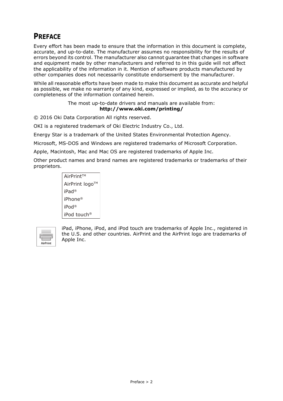 Preface, Reface | Oki MC363dn User Manual | Page 2 / 112