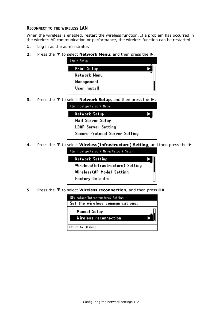 Reconnect to the wireless lan | Oki MC363dn User Manual | Page 21 / 112