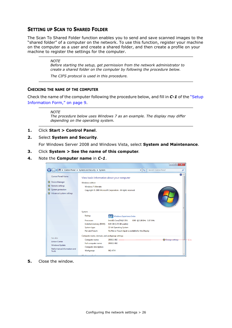 Setting up scan to shared folder, Checking the name of the computer | Oki MC363dn User Manual | Page 26 / 112