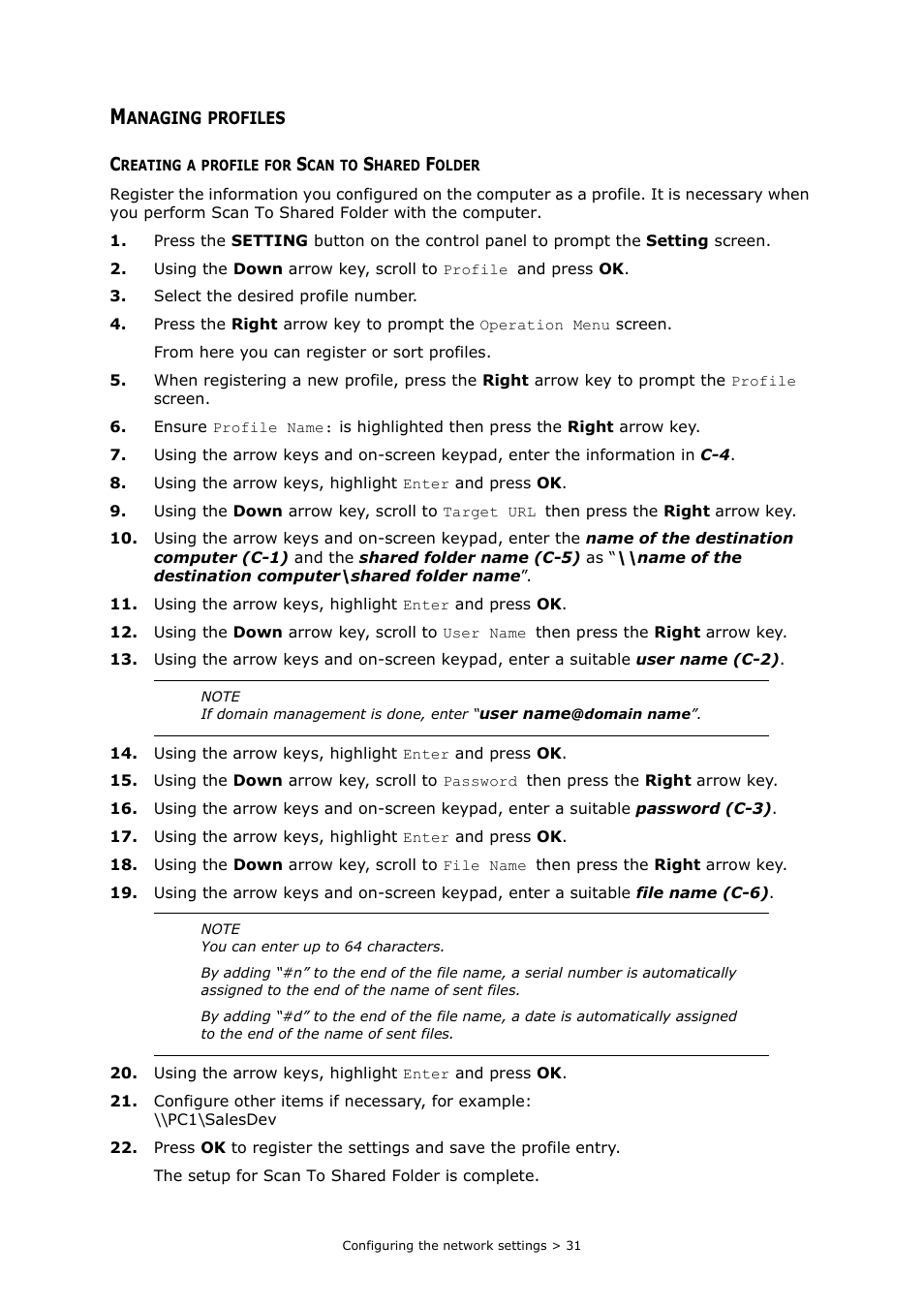 Managing profiles, Creating a profile for scan to shared folder | Oki MC363dn User Manual | Page 31 / 112