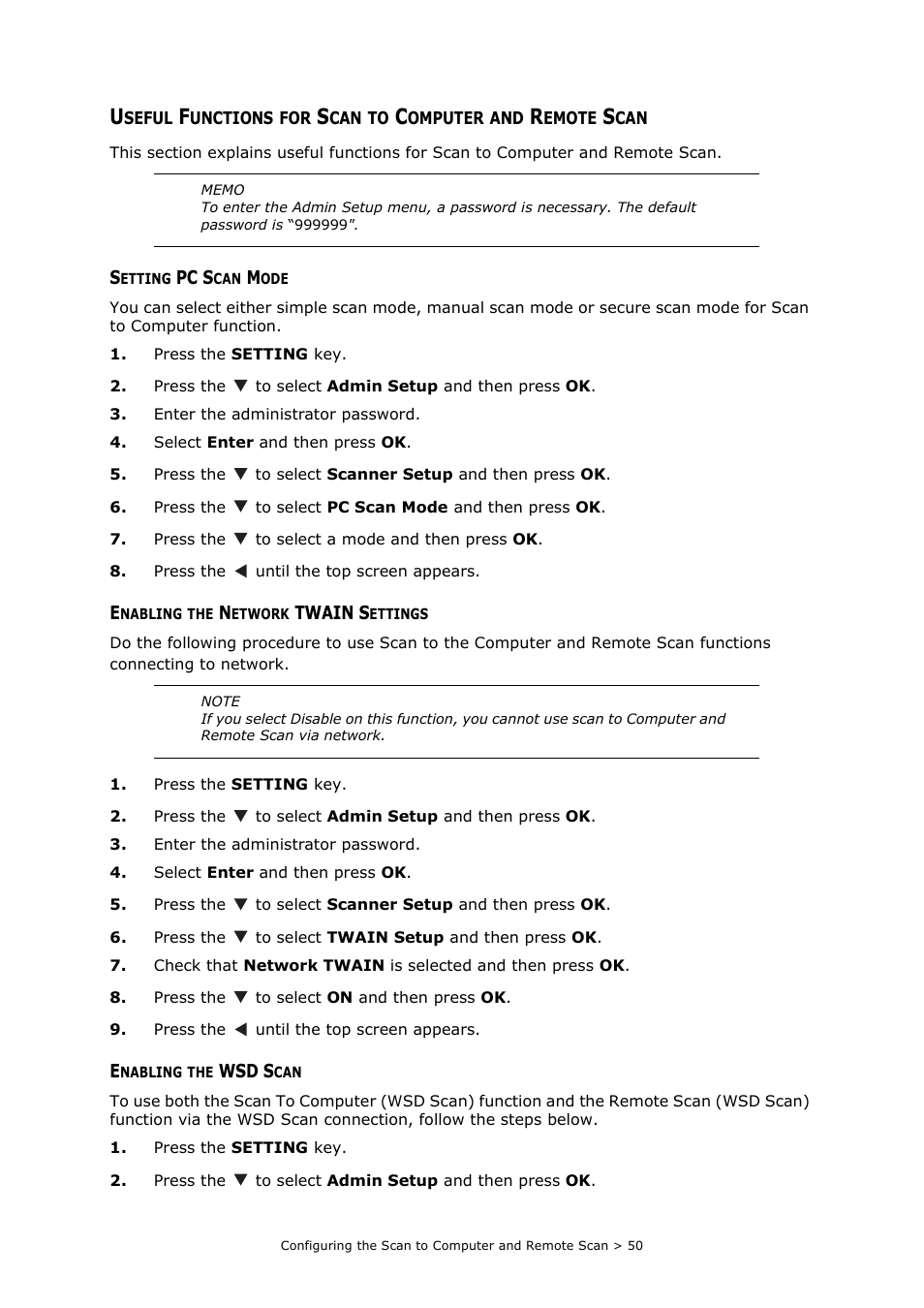 Setting pc scan mode, Enabling the network twain settings, Enabling the wsd scan | Oki MC363dn User Manual | Page 50 / 112