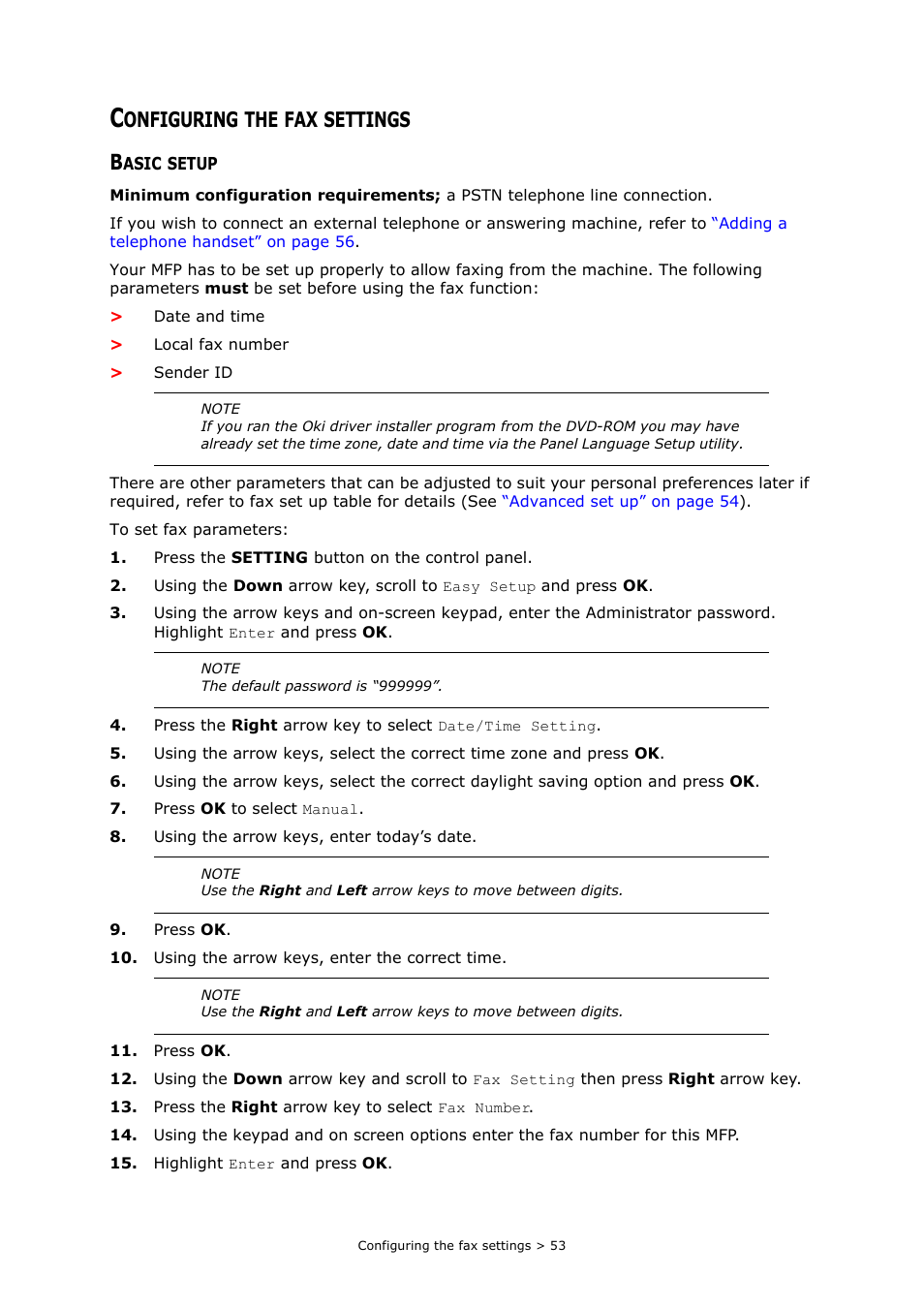 Configuring the fax settings, Basic setup, Onfiguring | Settings | Oki MC363dn User Manual | Page 53 / 112