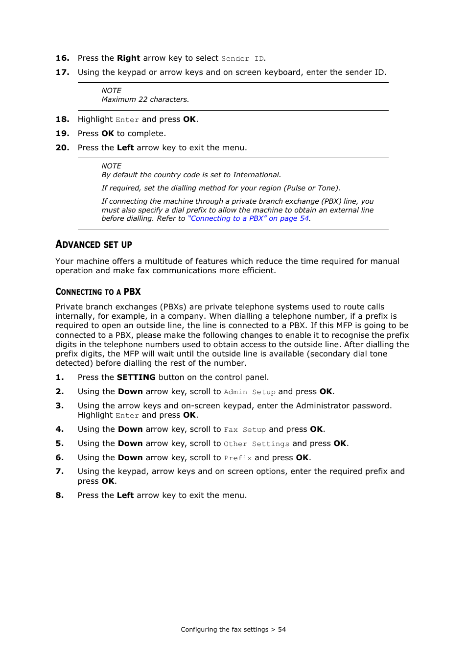 Advanced set up, Connecting to a pbx | Oki MC363dn User Manual | Page 54 / 112