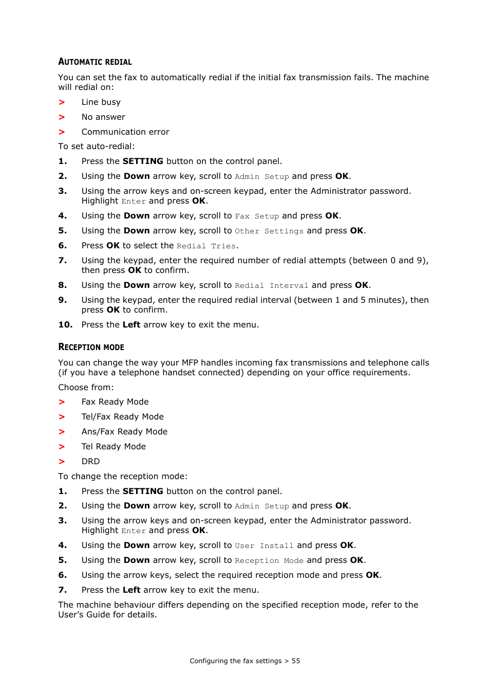 Automatic redial, Reception mode | Oki MC363dn User Manual | Page 55 / 112