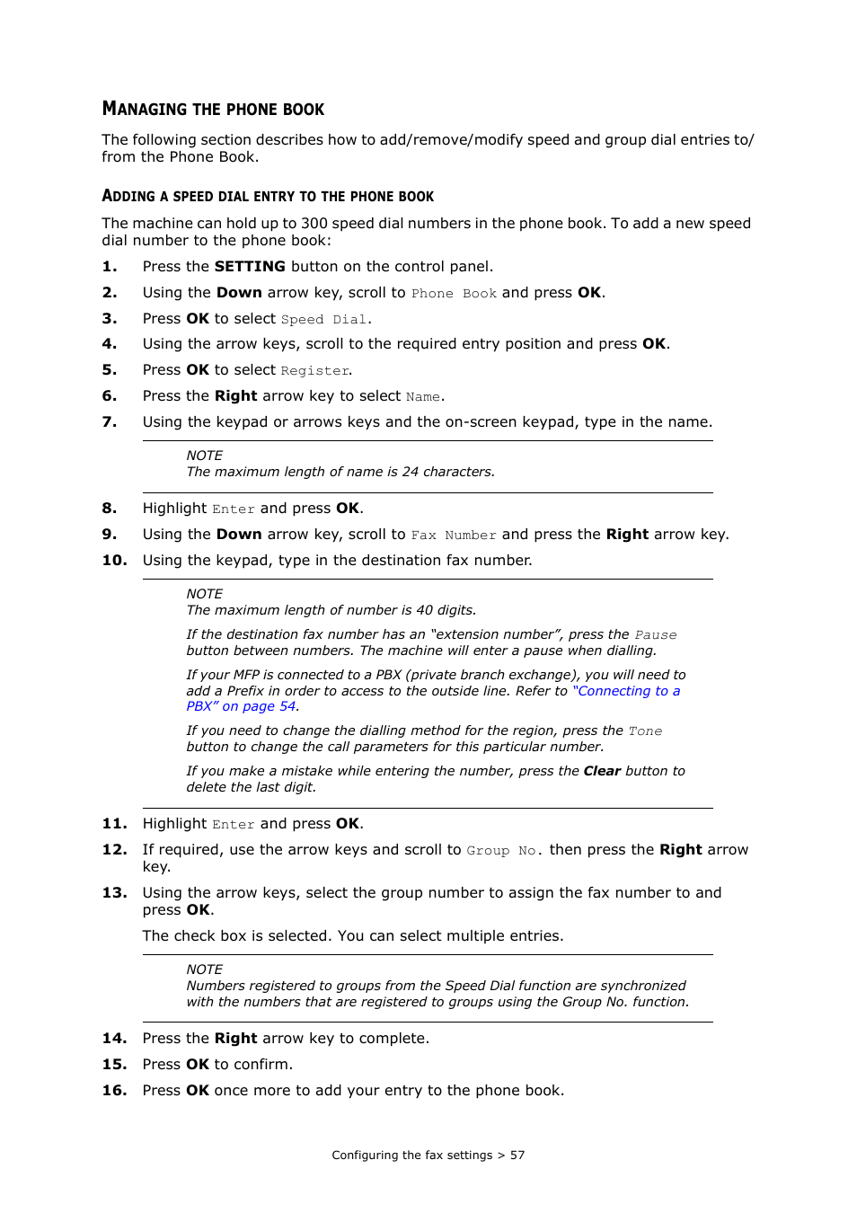 Managing the phone book, Adding a speed dial entry to the phone book | Oki MC363dn User Manual | Page 57 / 112