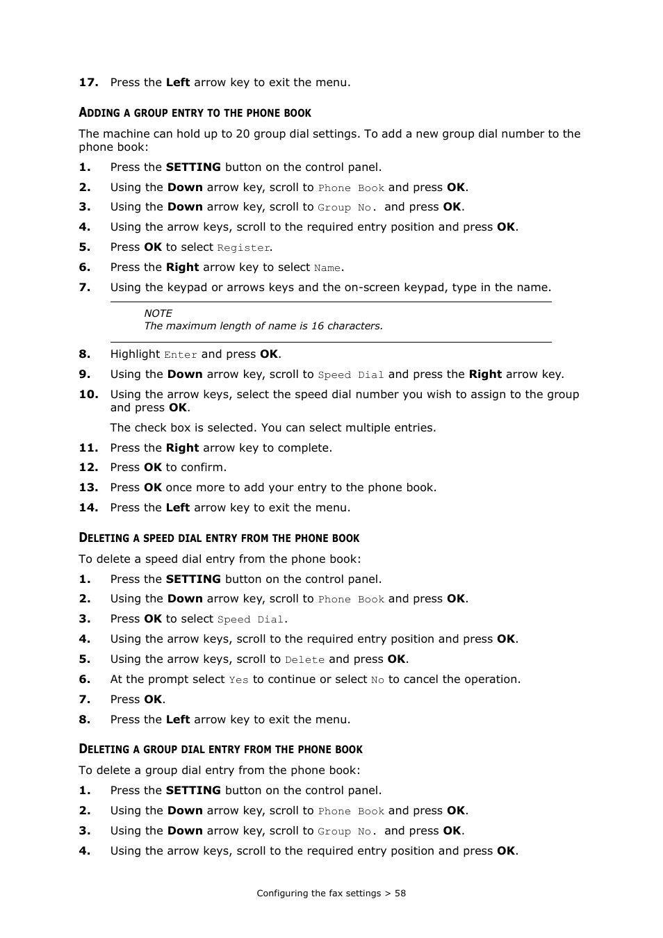 Adding a group entry to the phone book, Deleting a speed dial entry from the phone book, Deleting a group dial entry from the phone book | Oki MC363dn User Manual | Page 58 / 112