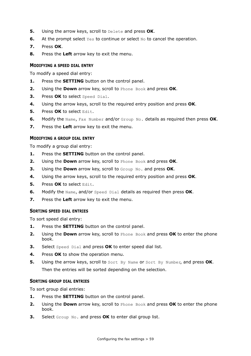Modifying a speed dial entry, Modifying a group dial entry, Sorting speed dial entries | Sorting group dial entries | Oki MC363dn User Manual | Page 59 / 112