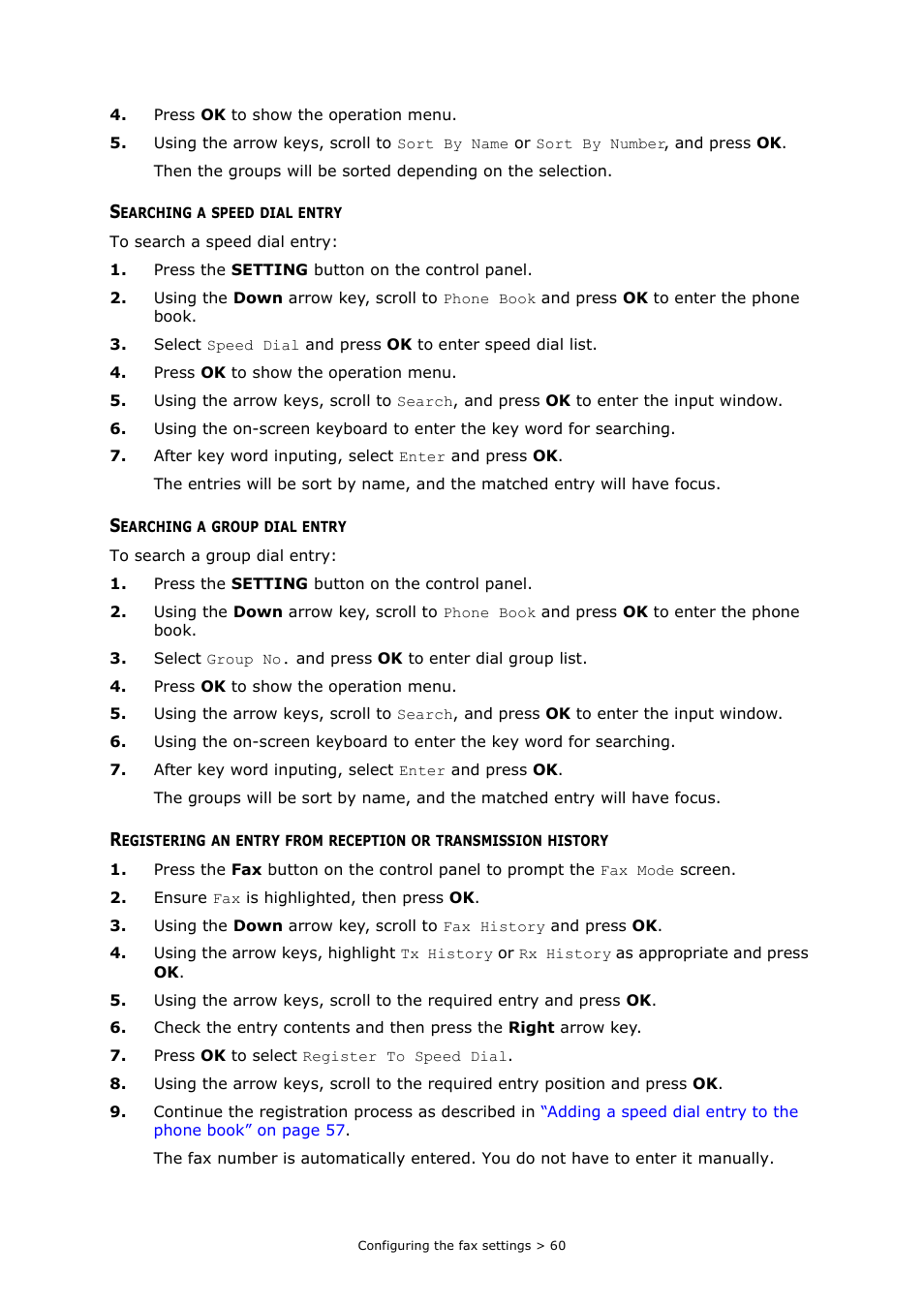 Searching a speed dial entry, Searching a group dial entry | Oki MC363dn User Manual | Page 60 / 112