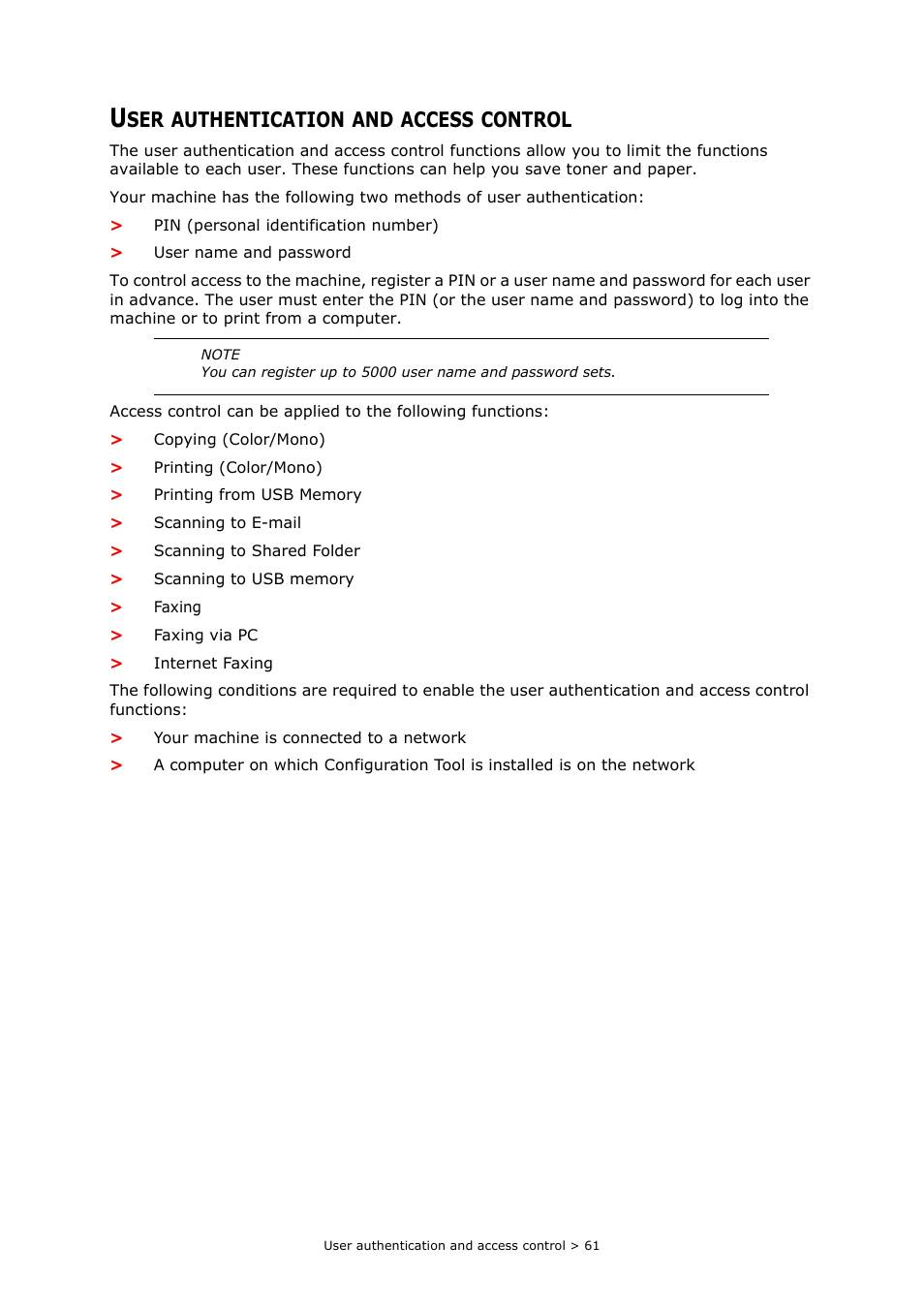 User authentication and access control, Authentication, Access | Control | Oki MC363dn User Manual | Page 61 / 112