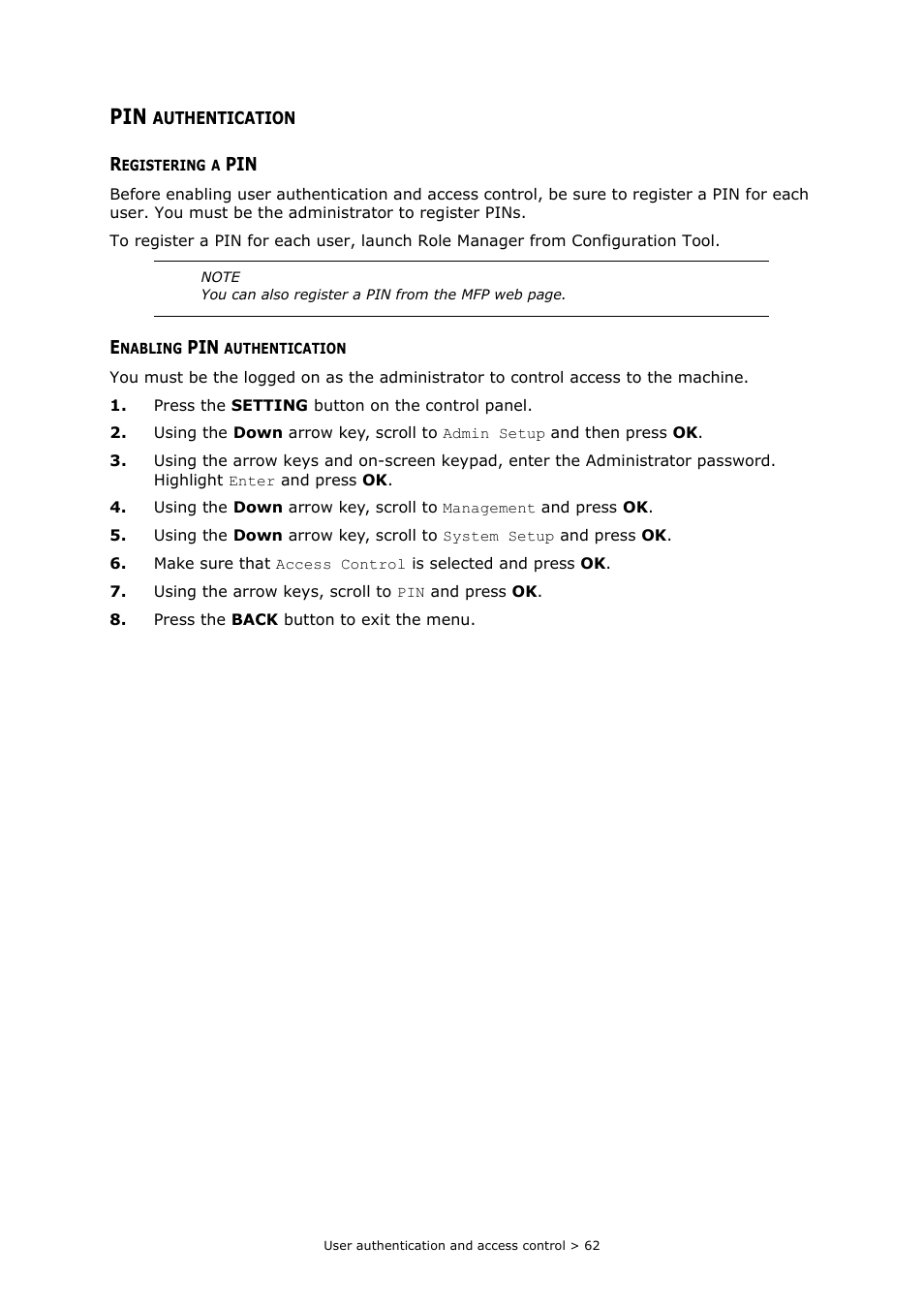 Pin authentication, Registering a pin, Enabling pin authentication | Oki MC363dn User Manual | Page 62 / 112