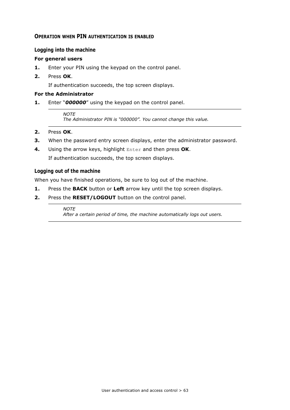 Operation when pin authentication is enabled | Oki MC363dn User Manual | Page 63 / 112