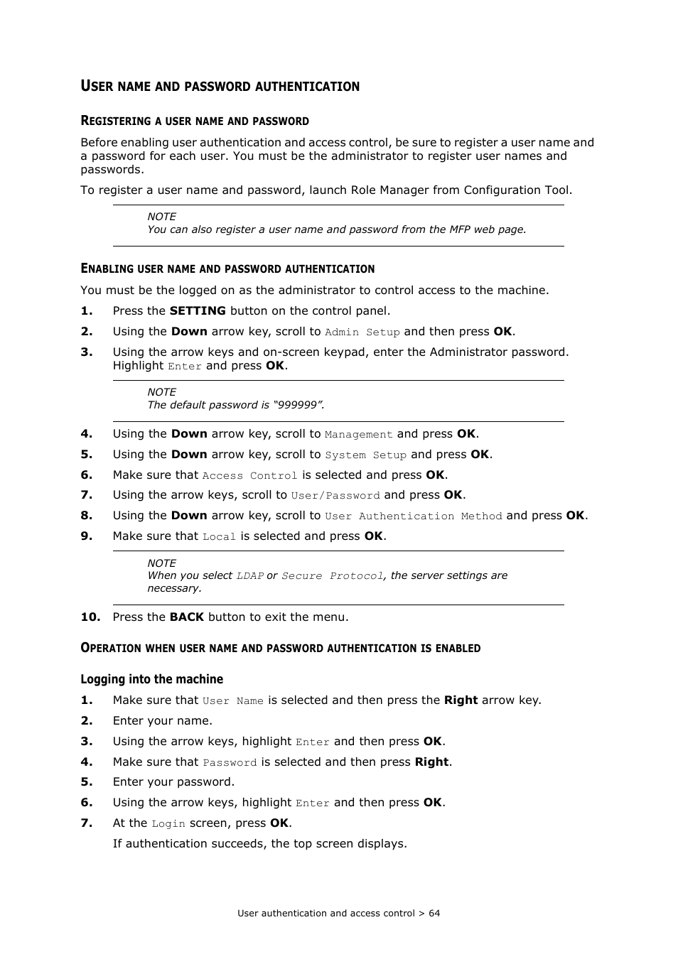 User name and password authentication, Registering a user name and password, Enabling user name and password authentication | Oki MC363dn User Manual | Page 64 / 112