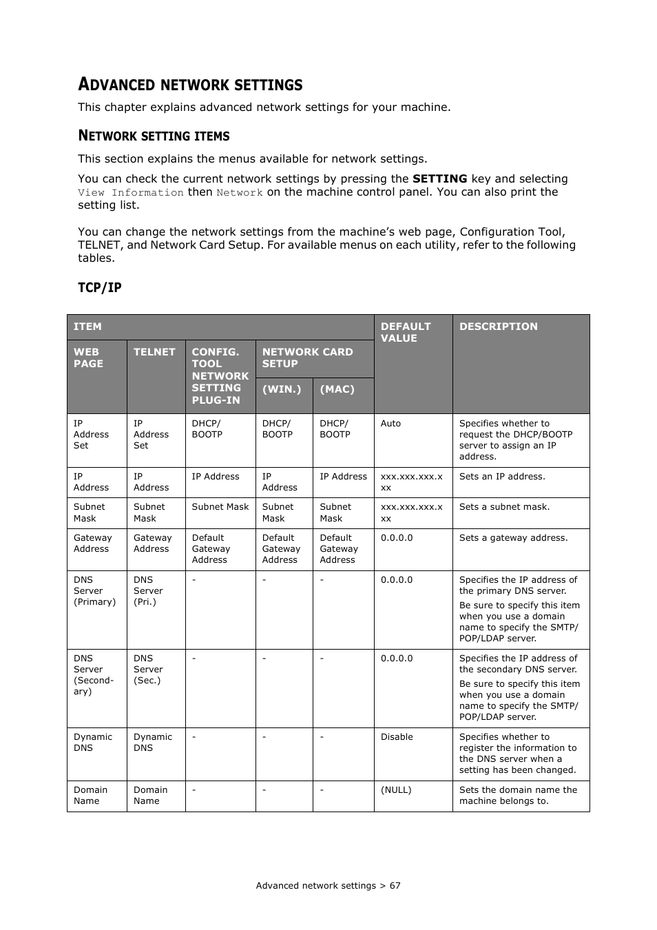 Advanced network settings, Network setting items, Tcp/ip | Dvanced, Network, Settings | Oki MC363dn User Manual | Page 67 / 112