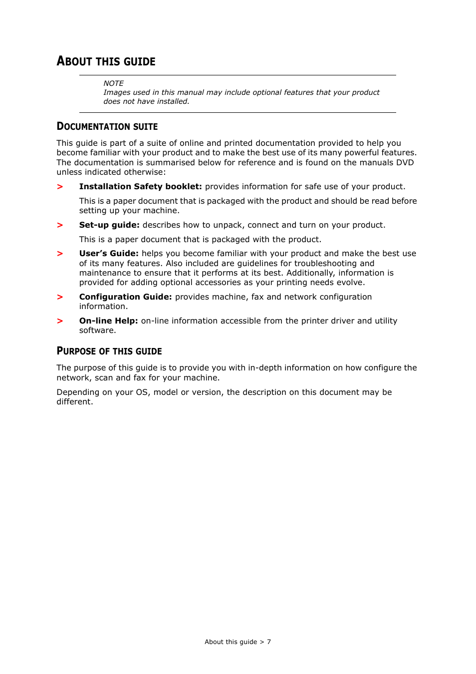 About this guide, Documentation suite, Purpose of this guide | Bout, This, Guide | Oki MC363dn User Manual | Page 7 / 112