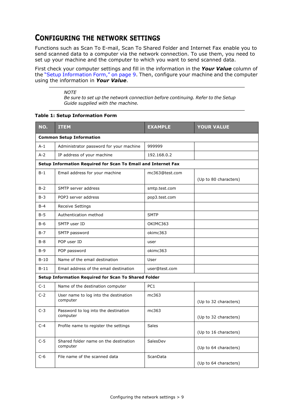 Configuring the network settings, Onfiguring, Network | Settings | Oki MC363dn User Manual | Page 9 / 112