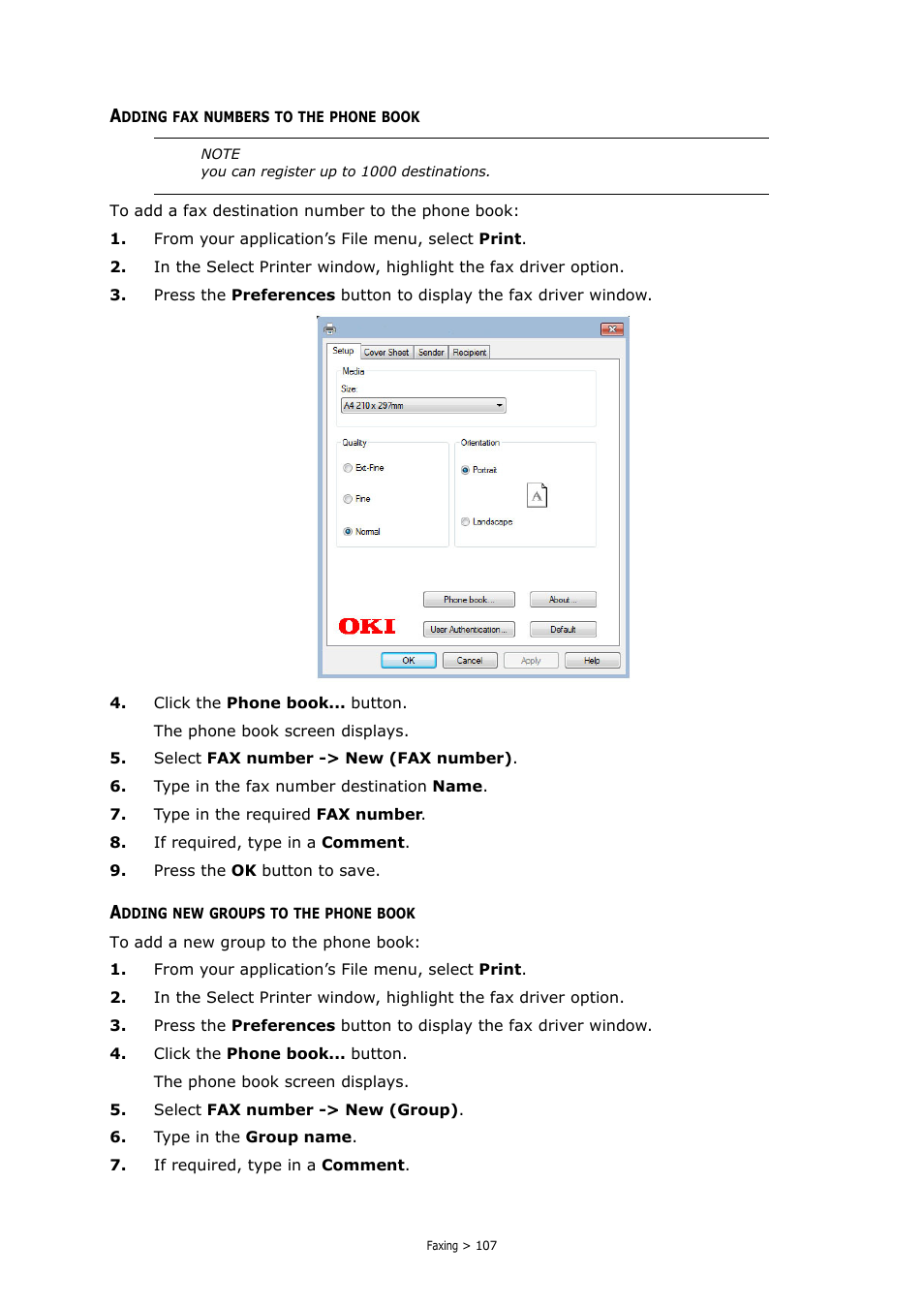 Adding fax numbers to the phone book, Adding new groups to the phone book | Oki MC363dn User Manual | Page 107 / 146