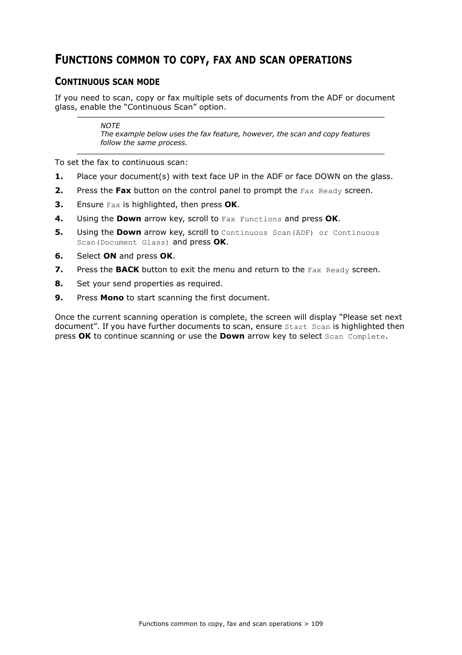 Functions common to copy, fax and scan operations, Continuous scan mode, Continuous scan | Fer to, Continuous, Continuous scan mode” on | Oki MC363dn User Manual | Page 109 / 146
