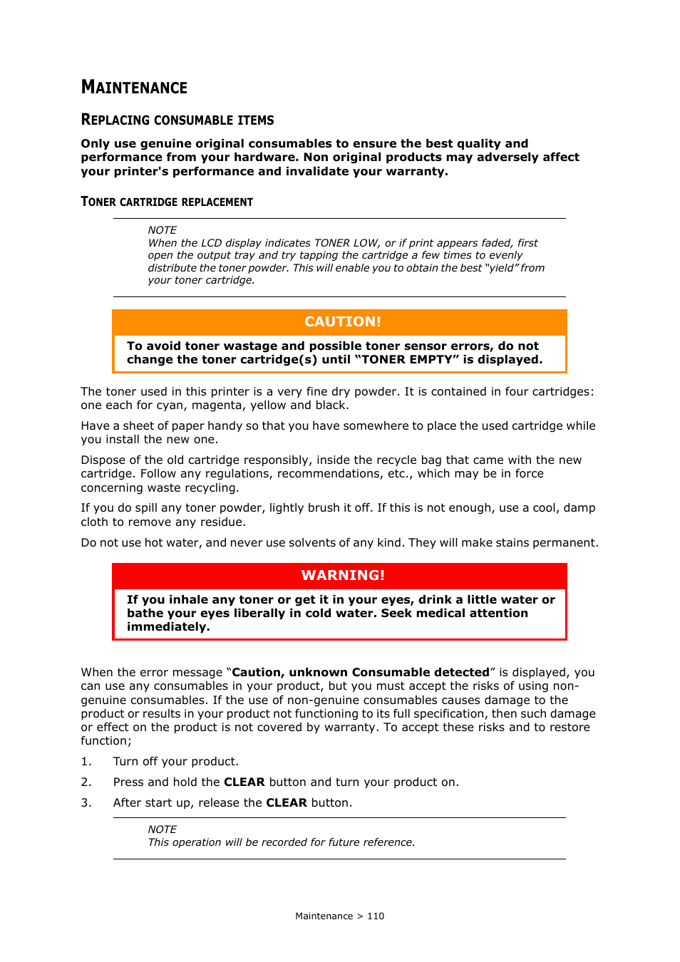 Maintenance, Replacing consumable items, Toner cartridge replacement | Aintenance | Oki MC363dn User Manual | Page 110 / 146