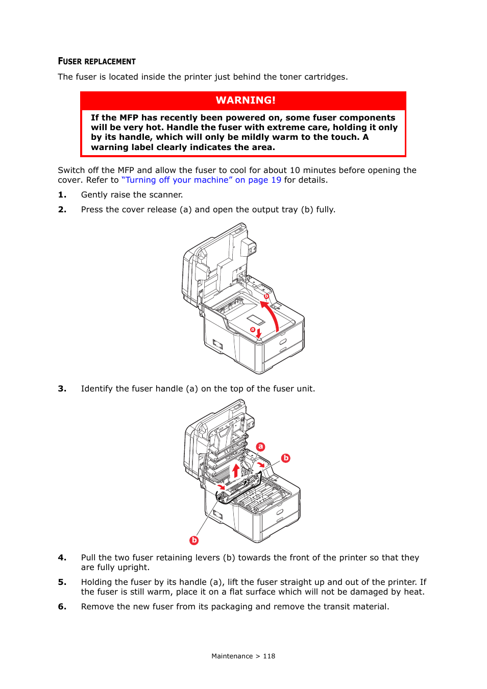 Fuser replacement, Warning | Oki MC363dn User Manual | Page 118 / 146
