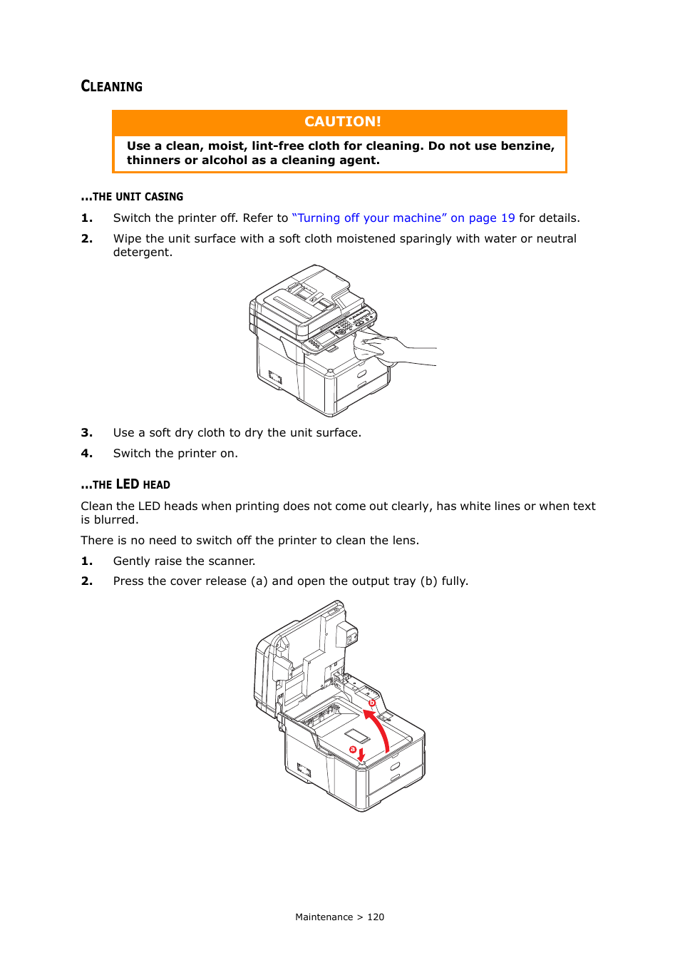 Cleaning, The unit casing, The led head | Caution | Oki MC363dn User Manual | Page 120 / 146