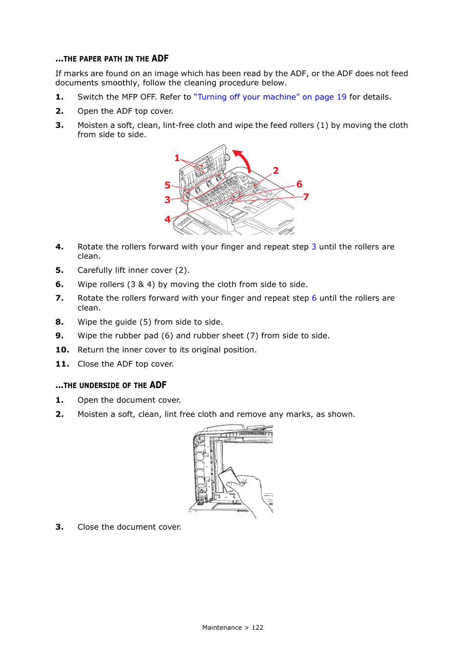 The paper path in the adf, The underside of the adf | Oki MC363dn User Manual | Page 122 / 146