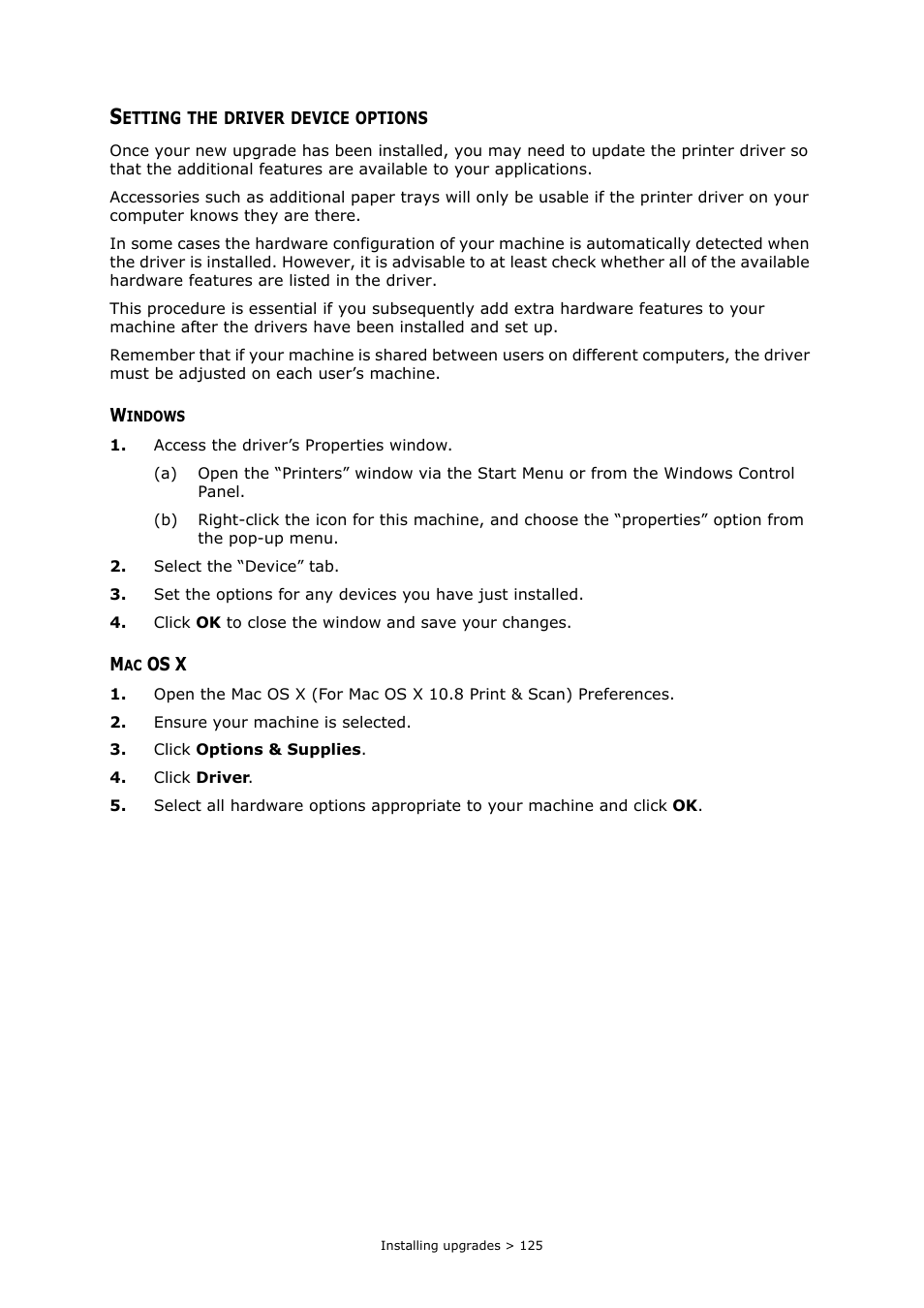 Setting the driver device options, Windows, Mac os x | Oki MC363dn User Manual | Page 125 / 146
