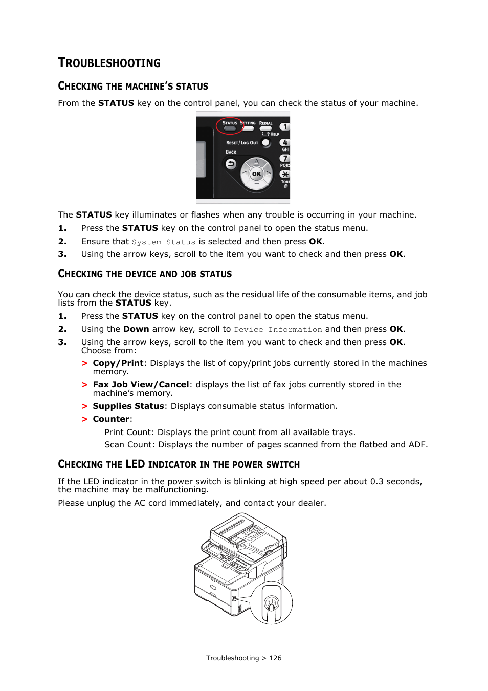 Troubleshooting, Checking the machine’s status, Checking the device and job status | Checking the led indicator in the power switch | Oki MC363dn User Manual | Page 126 / 146