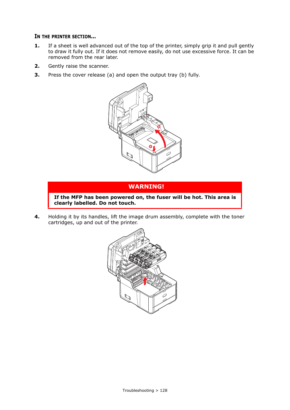 In the printer section, Warning | Oki MC363dn User Manual | Page 128 / 146