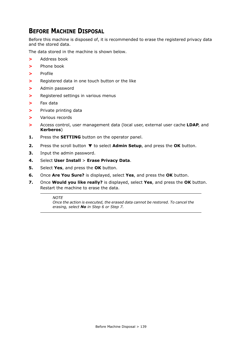 Before machine disposal, Efore, Achine | Isposal | Oki MC363dn User Manual | Page 139 / 146