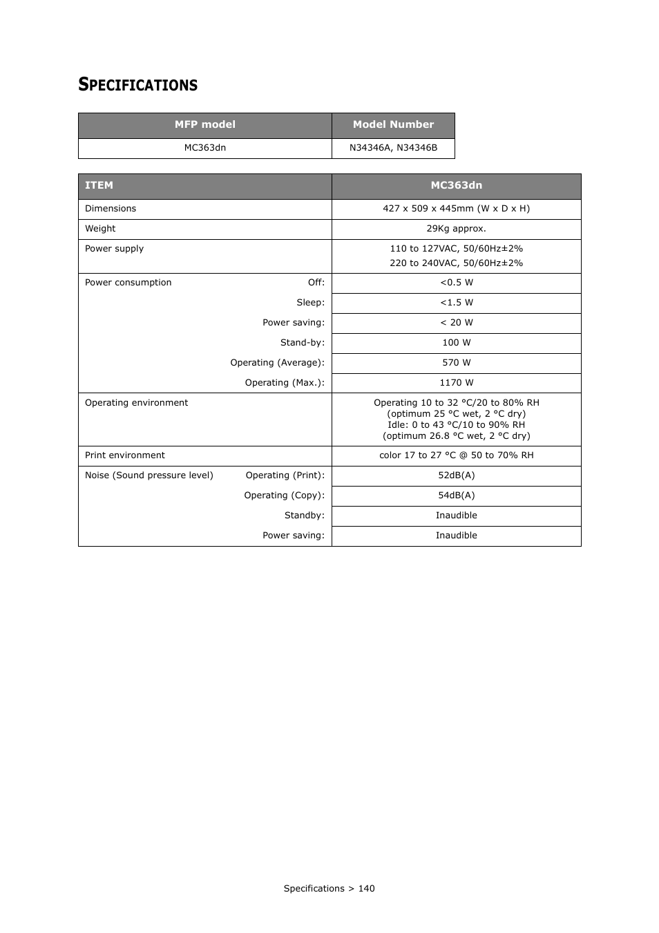 Specifications, Pecifications | Oki MC363dn User Manual | Page 140 / 146