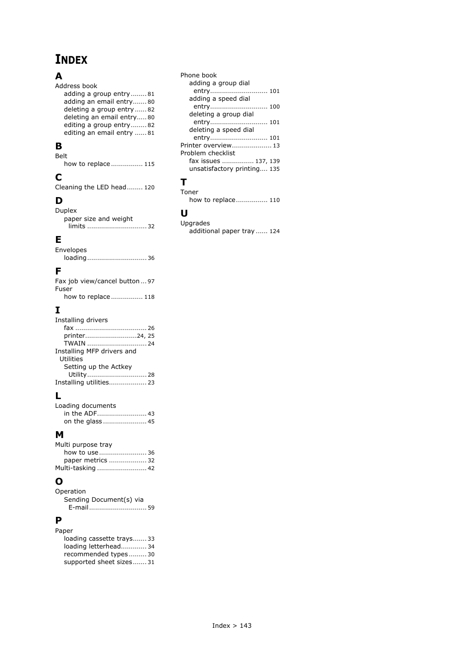 Index, Ndex | Oki MC363dn User Manual | Page 143 / 146