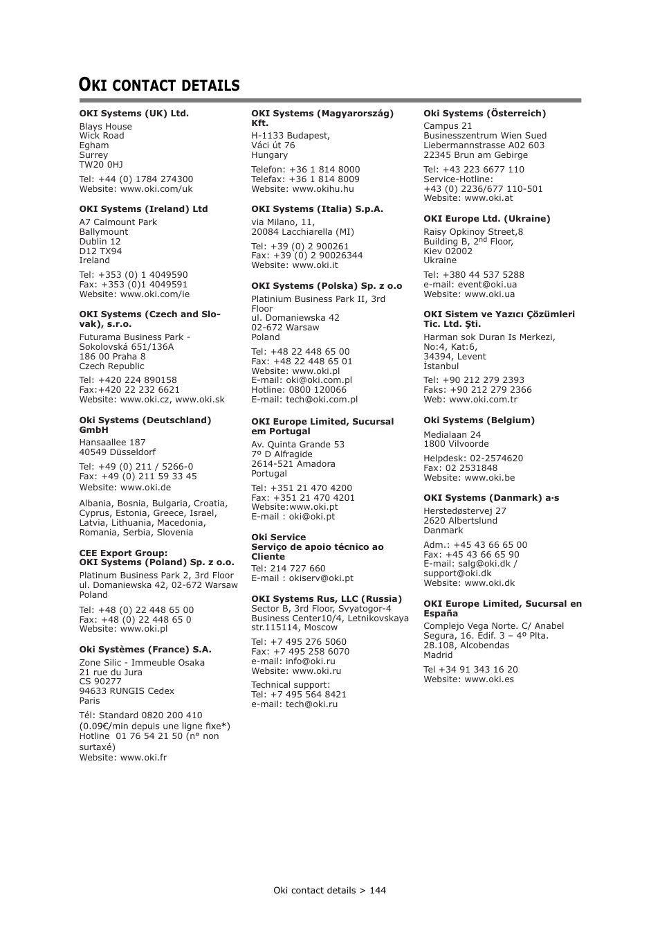 Oki contact details, Contact, Details | Oki MC363dn User Manual | Page 144 / 146