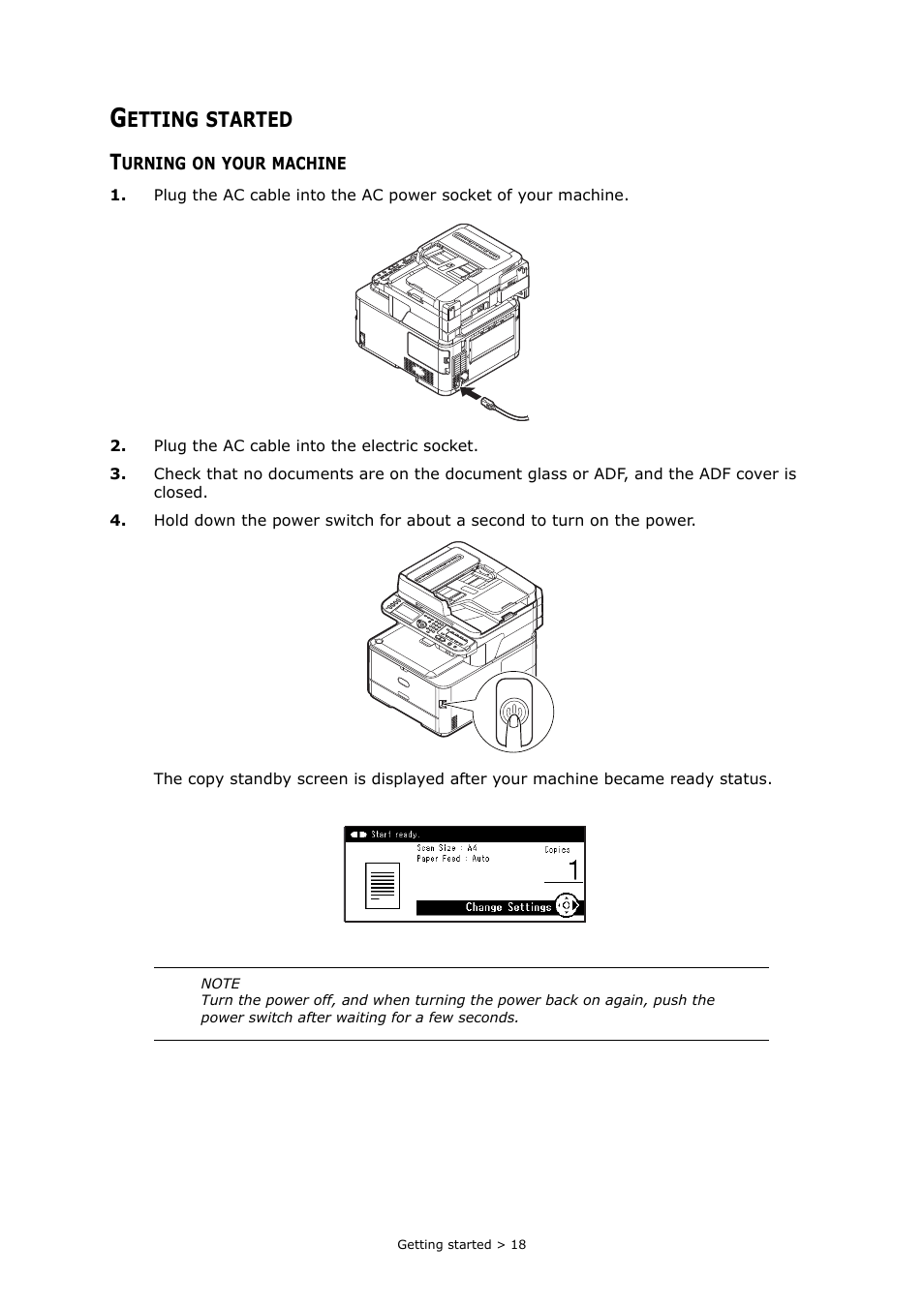 Getting started, Turning on your machine | Oki MC363dn User Manual | Page 18 / 146