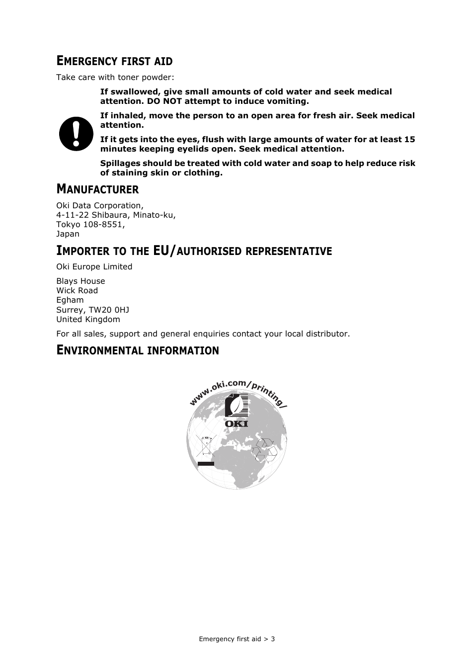 Emergency first aid, Manufacturer, Importer to the eu/authorised representative | Environmental information | Oki MC363dn User Manual | Page 3 / 146