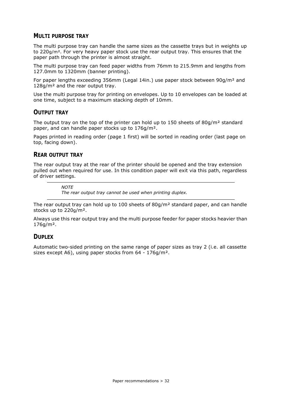 Multi purpose tray, Output tray, Rear output tray | Duplex | Oki MC363dn User Manual | Page 32 / 146