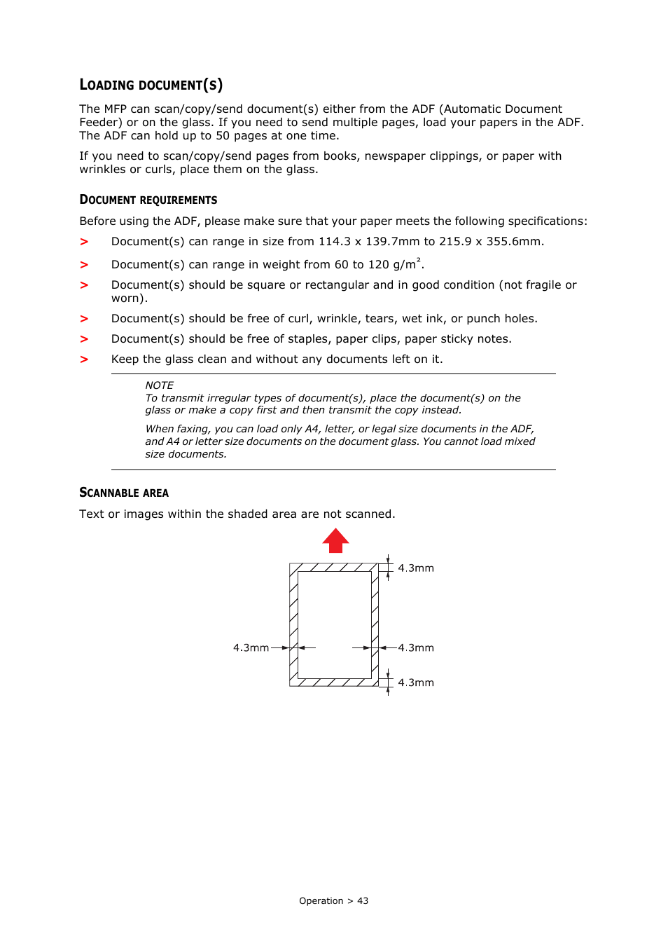 Loading document(s), Document requirements, Scannable area | Oki MC363dn User Manual | Page 43 / 146