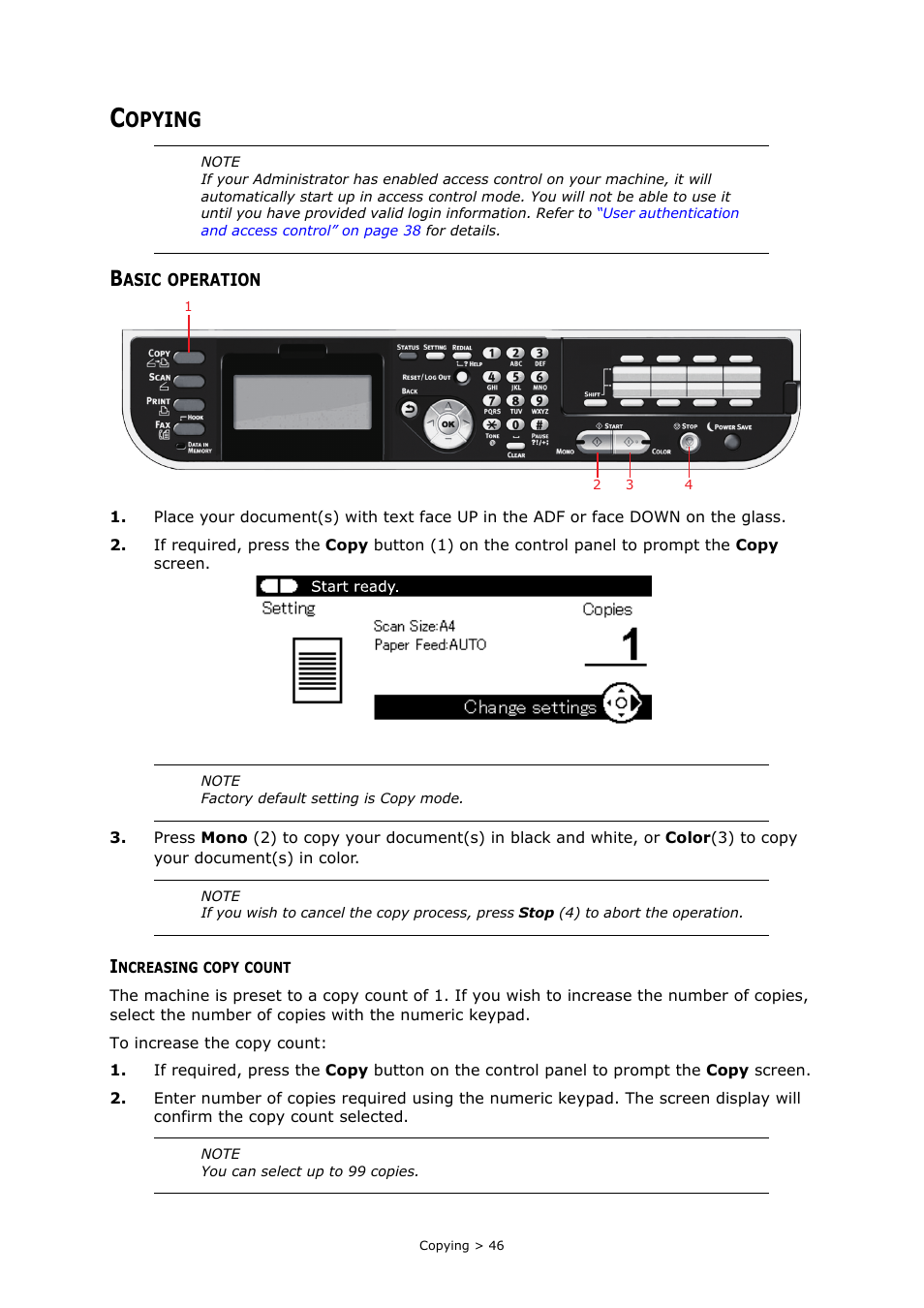 Copying, Basic operation, Increasing copy count | Opying | Oki MC363dn User Manual | Page 46 / 146