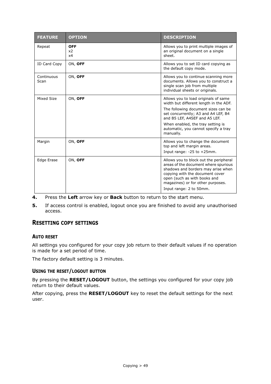 Resetting copy settings, Auto reset, Using the reset/logout button | Oki MC363dn User Manual | Page 49 / 146