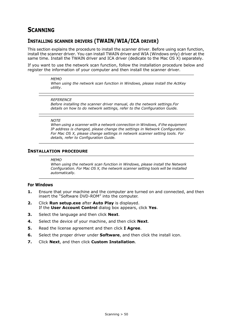 Scanning, Installing scanner drivers (twain/wia/ica driver), Installation procedure | Twain/wia/ica, Canning | Oki MC363dn User Manual | Page 50 / 146