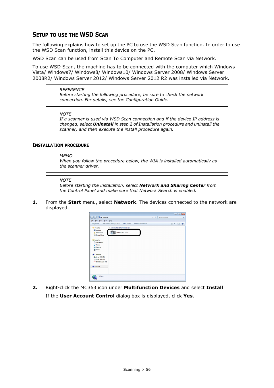 Setup to use the wsd scan, Installation procedure, Wsd s | Oki MC363dn User Manual | Page 56 / 146